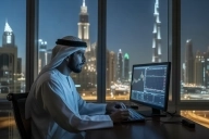 Arabic trader sitting in an office in front of a computer with trading charts on the screen.