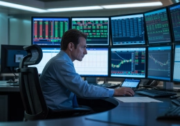 Proffesional trader sitting in an office in front of a computer with trading charts on the screen.