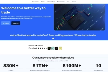 Pepperstone homepage showing trading instruments and offers