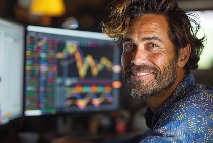 White trader working in an office, analyzing trading charts on a computer screen.
