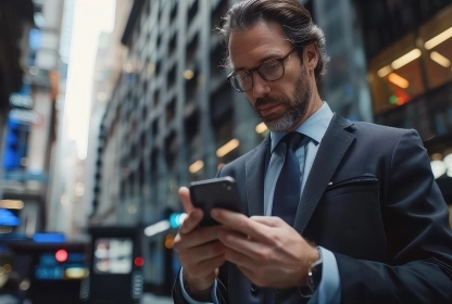White male trader in a suit checking his phone