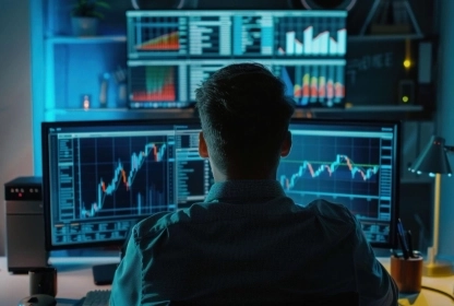 Trader sitting in an office in front of a computer with trading charts on the screen.
