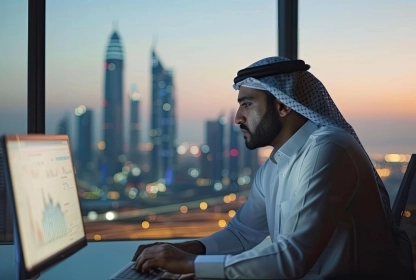 Muslim trader sitting in an office in front of a computer with trading charts on the screen.