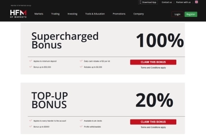 HFM welcome bonus page showing bonus details