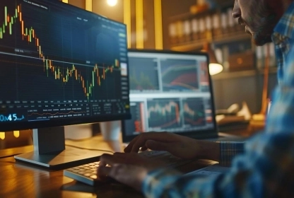 Proffesional trader sitting in an office in front of a computer with trading charts on the screen.