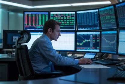 Proffesional trader sitting in an office in front of a computer with trading charts on the screen.