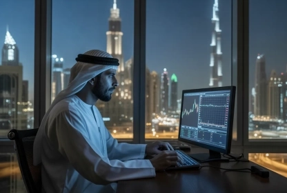 Arabic trader sitting in an office in front of a computer with trading charts on the screen.