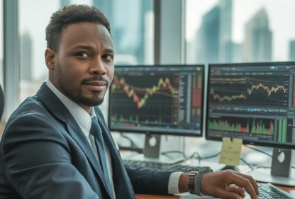 Black trader sitting in an office in front of a computer with trading charts on the screen.