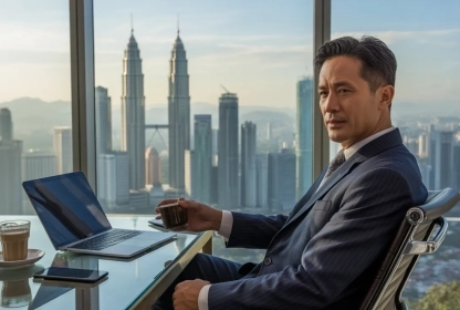 Asian trader sitting in an office in front of a computer with trading charts on the screen.