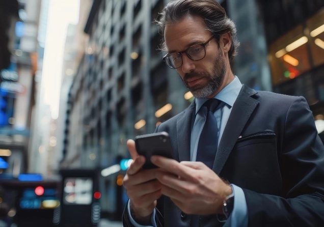 White male trader in a suit checking his phone