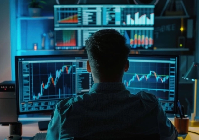 Trader sitting in an office in front of a computer with trading charts on the screen.