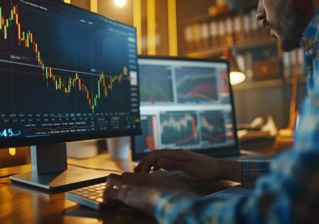 Proffesional trader sitting in an office in front of a computer with trading charts on the screen.