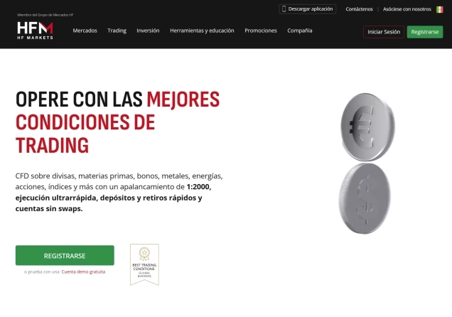 HFM homepage showing main trading offers