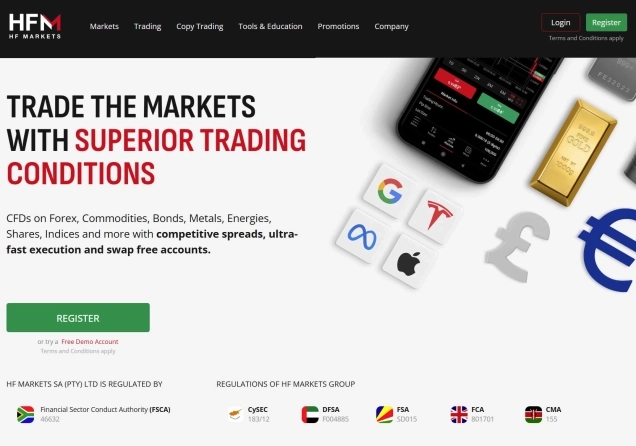 HFM homepage showing main trading offers