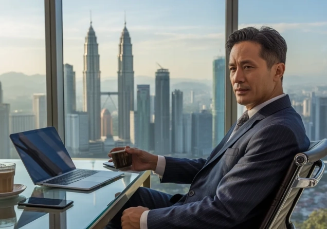 Asian trader sitting in an office in front of a computer with trading charts on the screen.