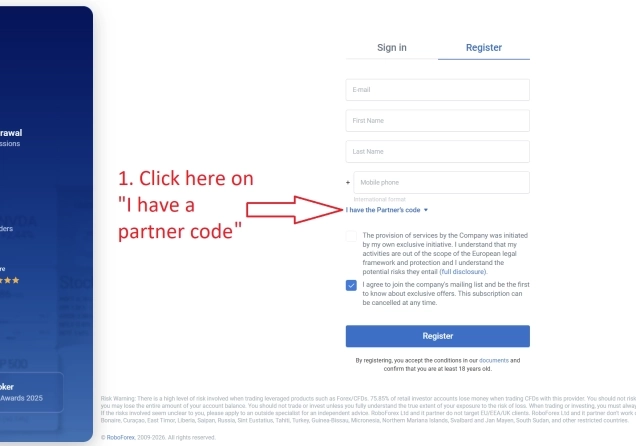 A page featuring where to enter the Roboforex Partner code