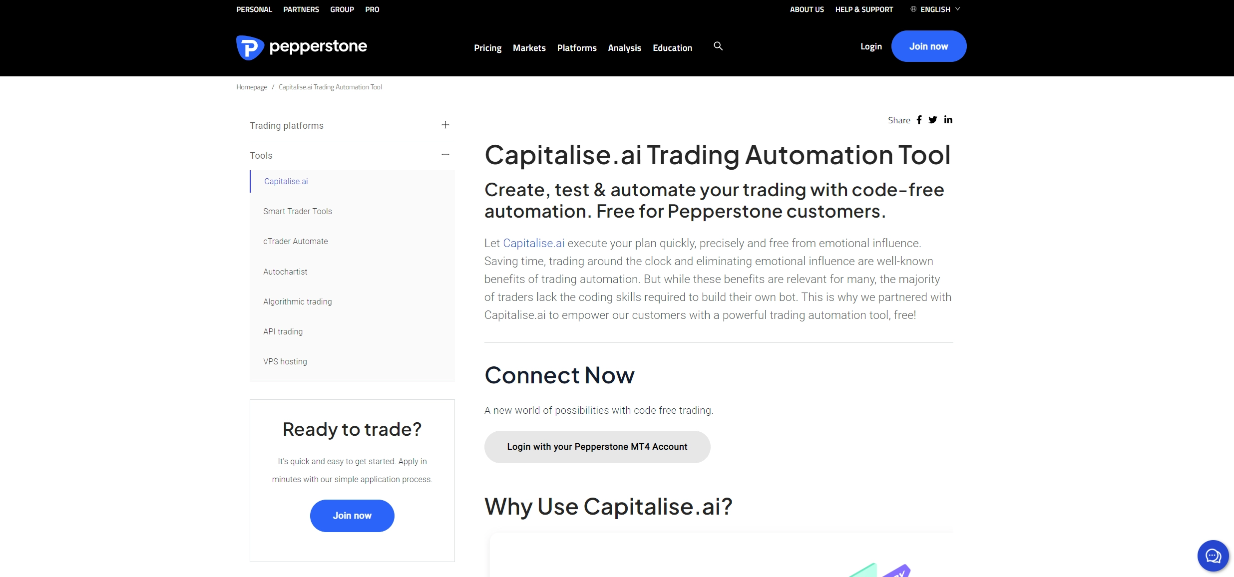 Pepperstone showing the support of the capitalise platform