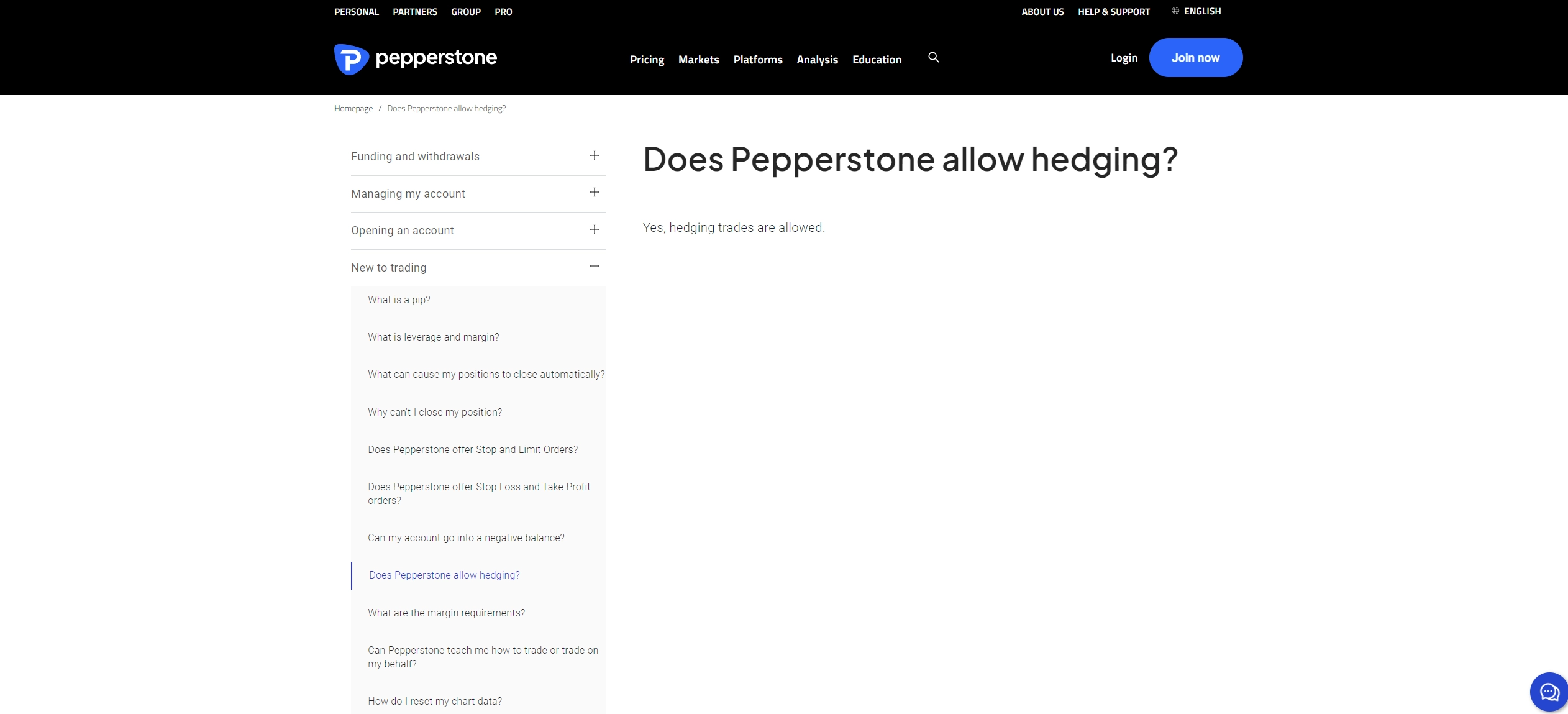 Pepperstone showing the support of hedging trading