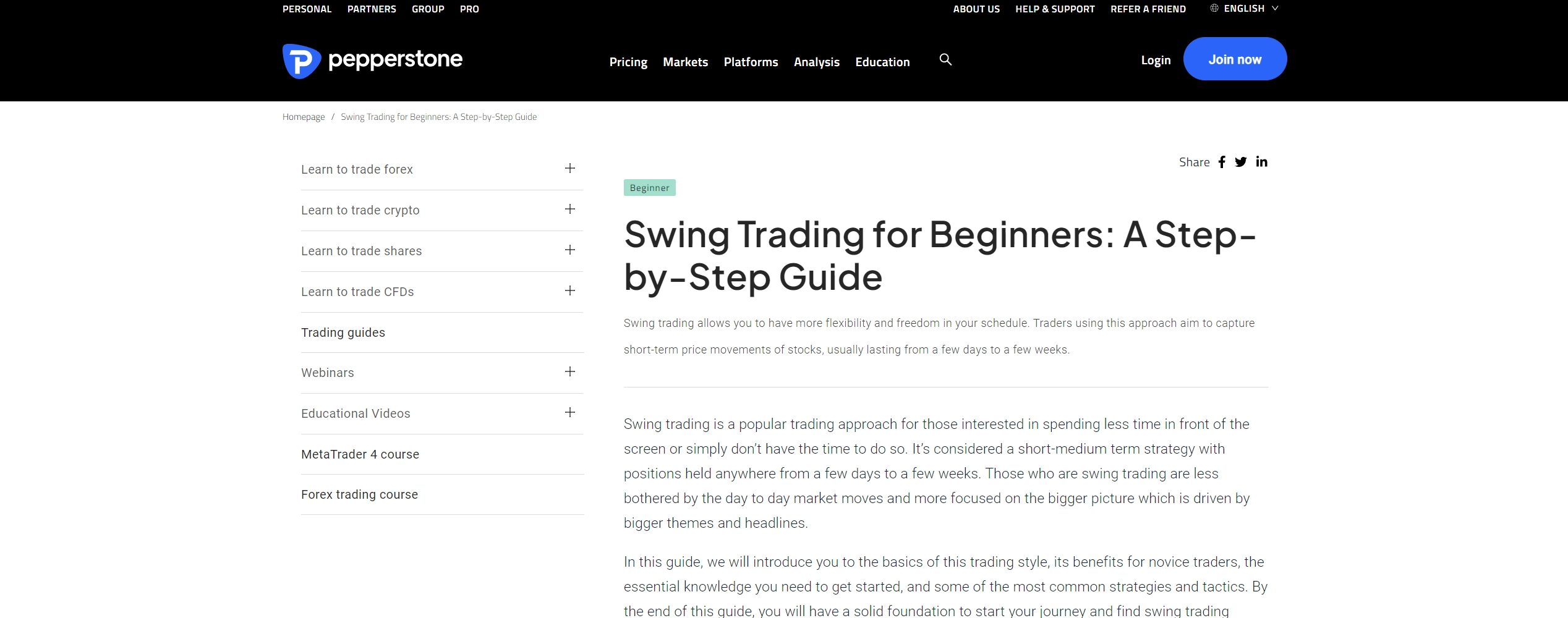 Pepperstone showing the support of swing trading