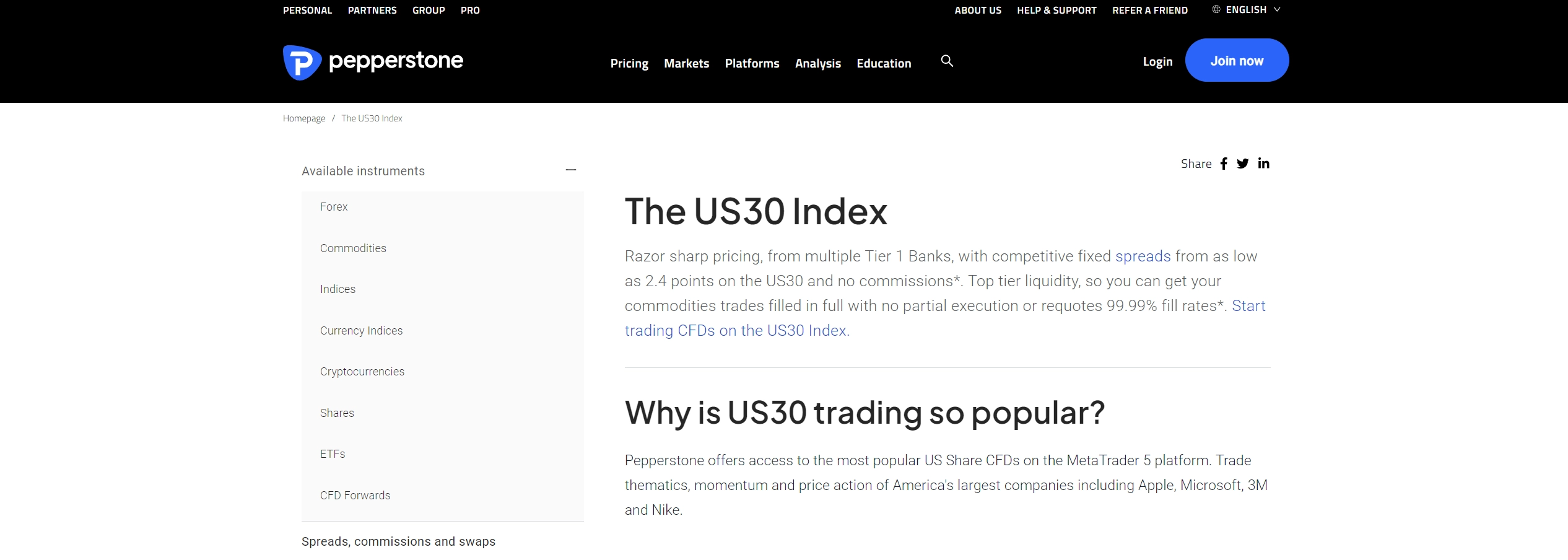 Pepperstone showing the support of trading the US30 Index
