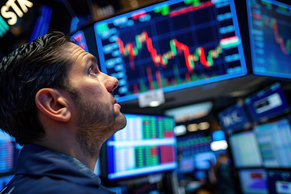 Wall Street professional trader analyzing charts on Wall Street.