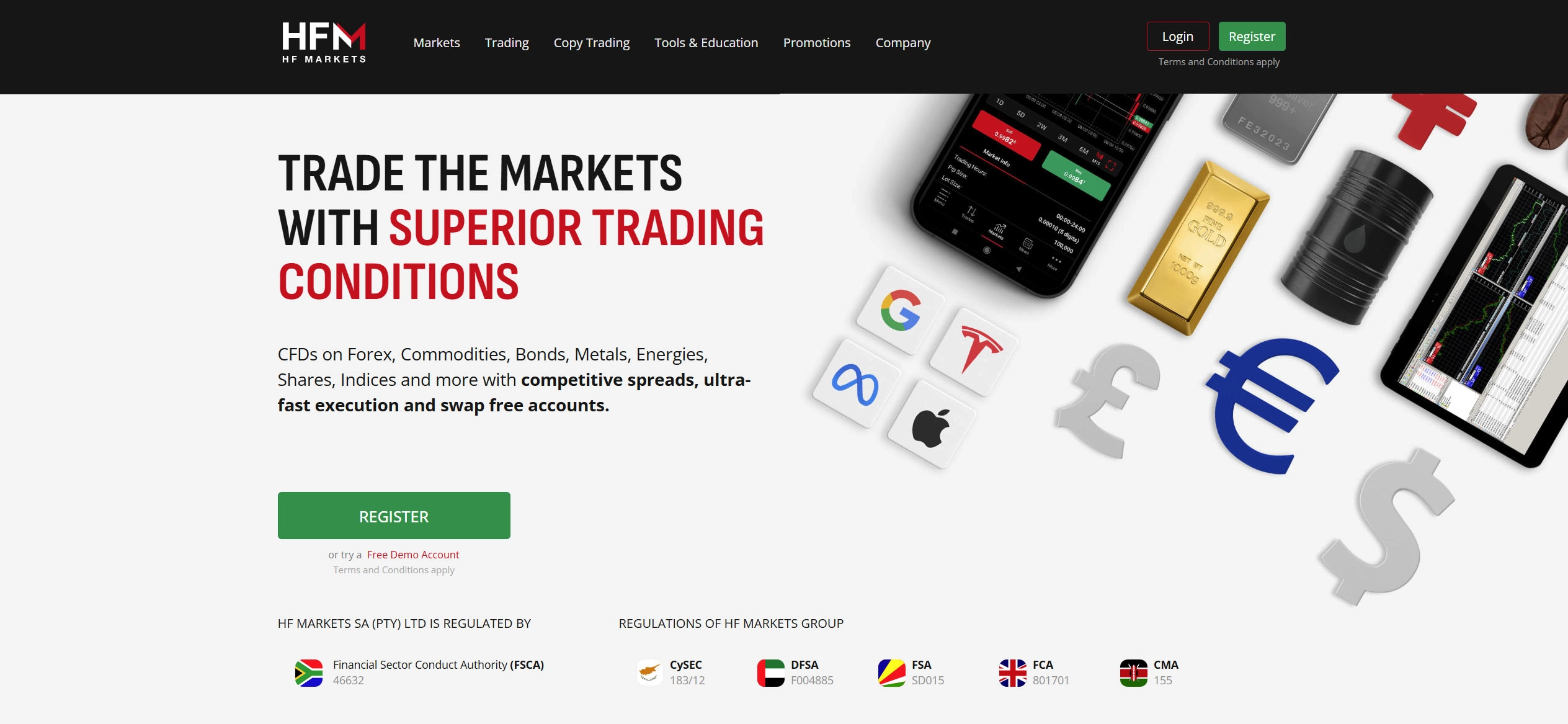 HFM homepage showing its main features