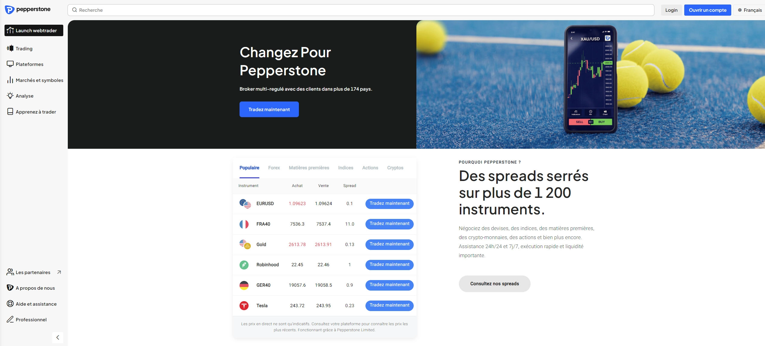 Page d’accueil de Pepperstone montrant les instruments de trading et les offres