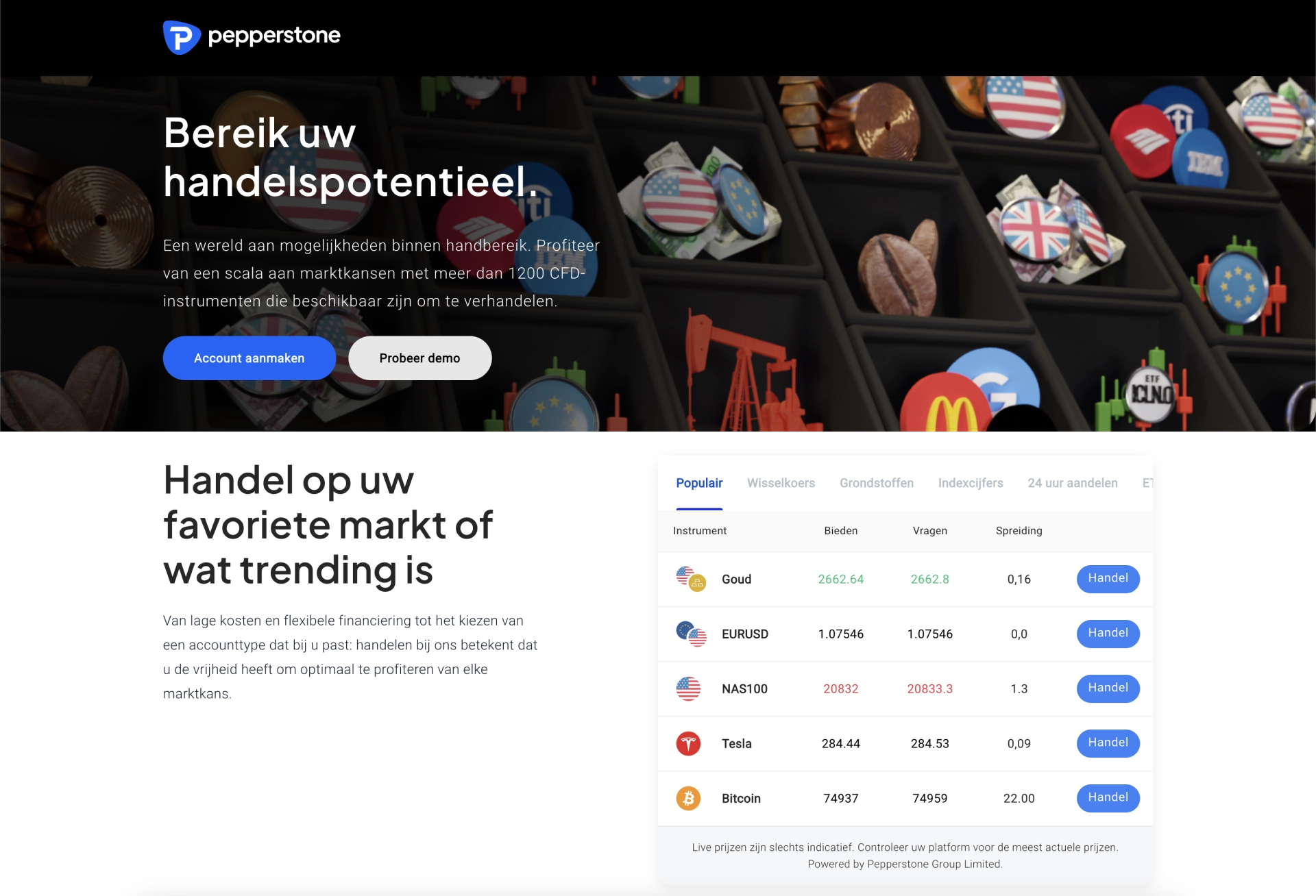 Pepperstone-homepage met handelsinstrumenten en aanbiedingen
