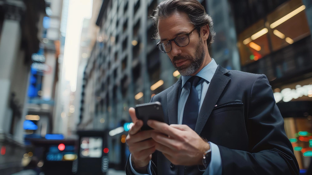 White male trader in a suit checking his phone