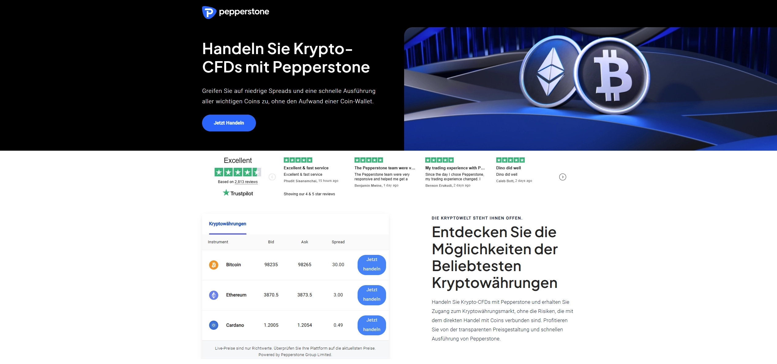 Screenshot der Pepperstone Kryptowährungs-Handelsseite, der das verfügbare Krypto-Handelsangebot zeigt
