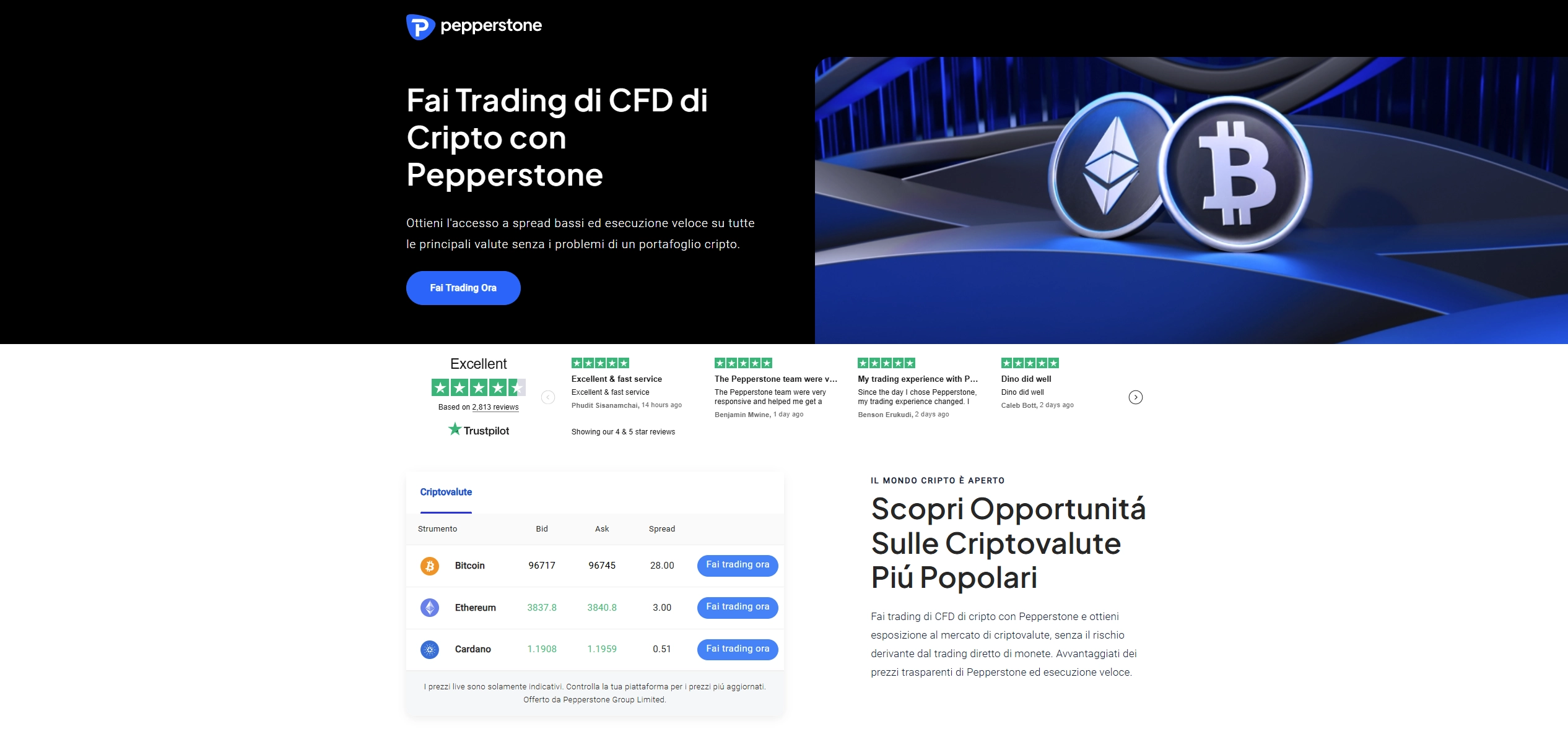 Screenshot della pagina di trading di criptovalute Pepperstone che mostra l’offerta di trading crypto disponibile