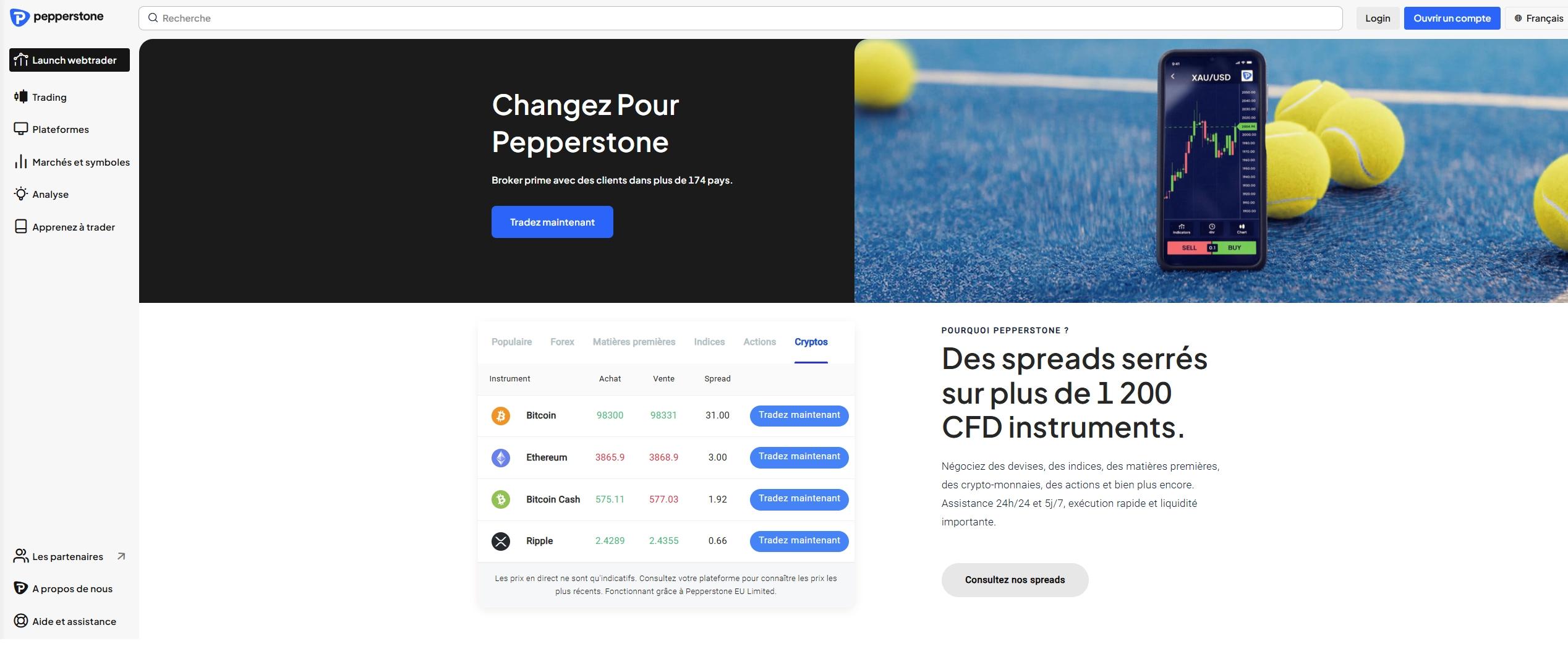 Capture d’écran de la page de trading de cryptomonnaies Pepperstone montrant l’offre de trading crypto disponible