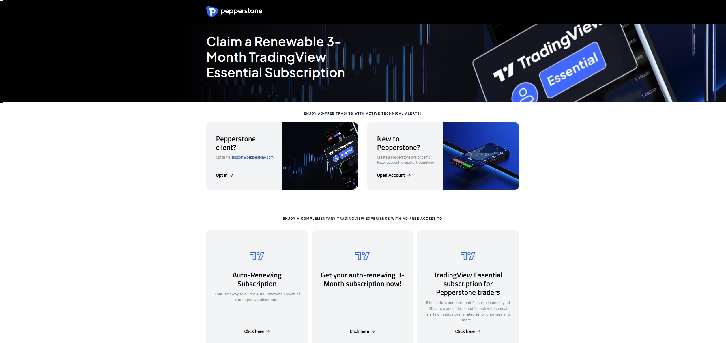 Screenshot showing how to get a free TradingView subscription on Pepperstone and the qualifying conditions