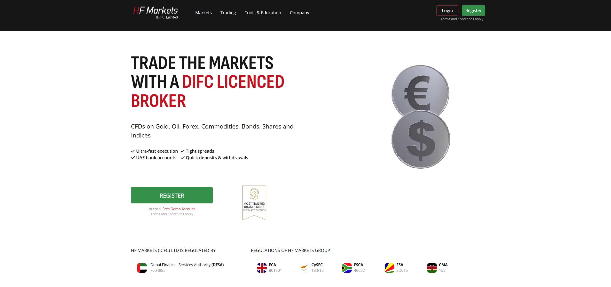 HFM Broker page showing the DIFC Regulation