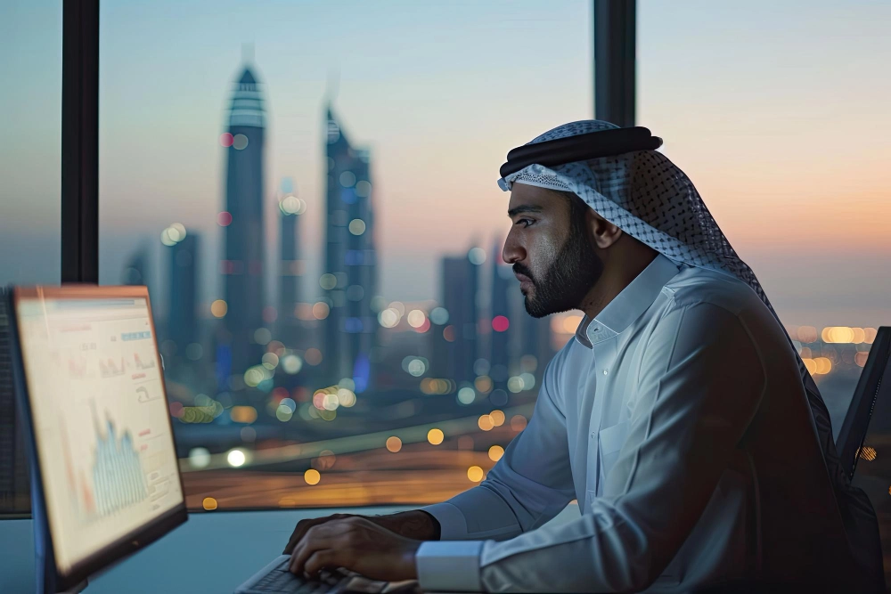 Muslim trader sitting in an office in front of a computer with trading charts on the screen.