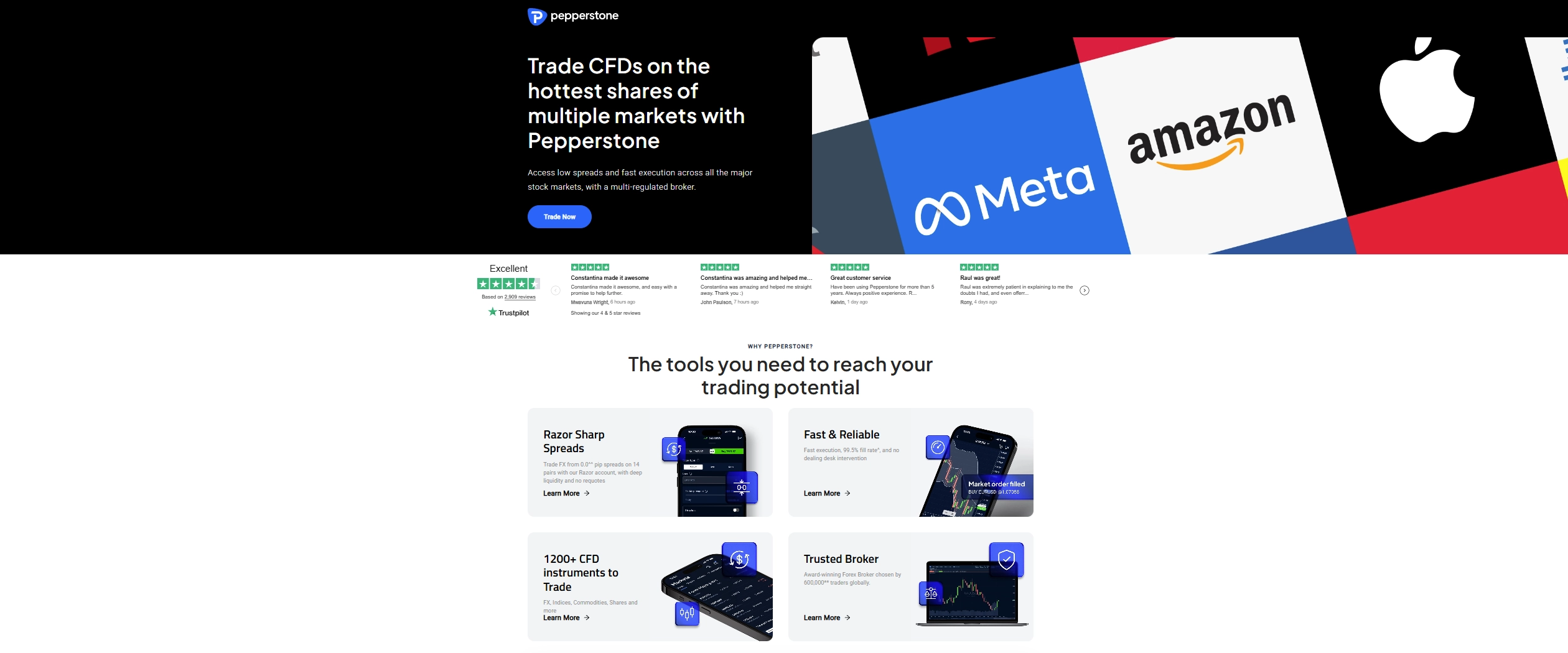 Pepperstone Shares page showing their stock CFD trading offers and features