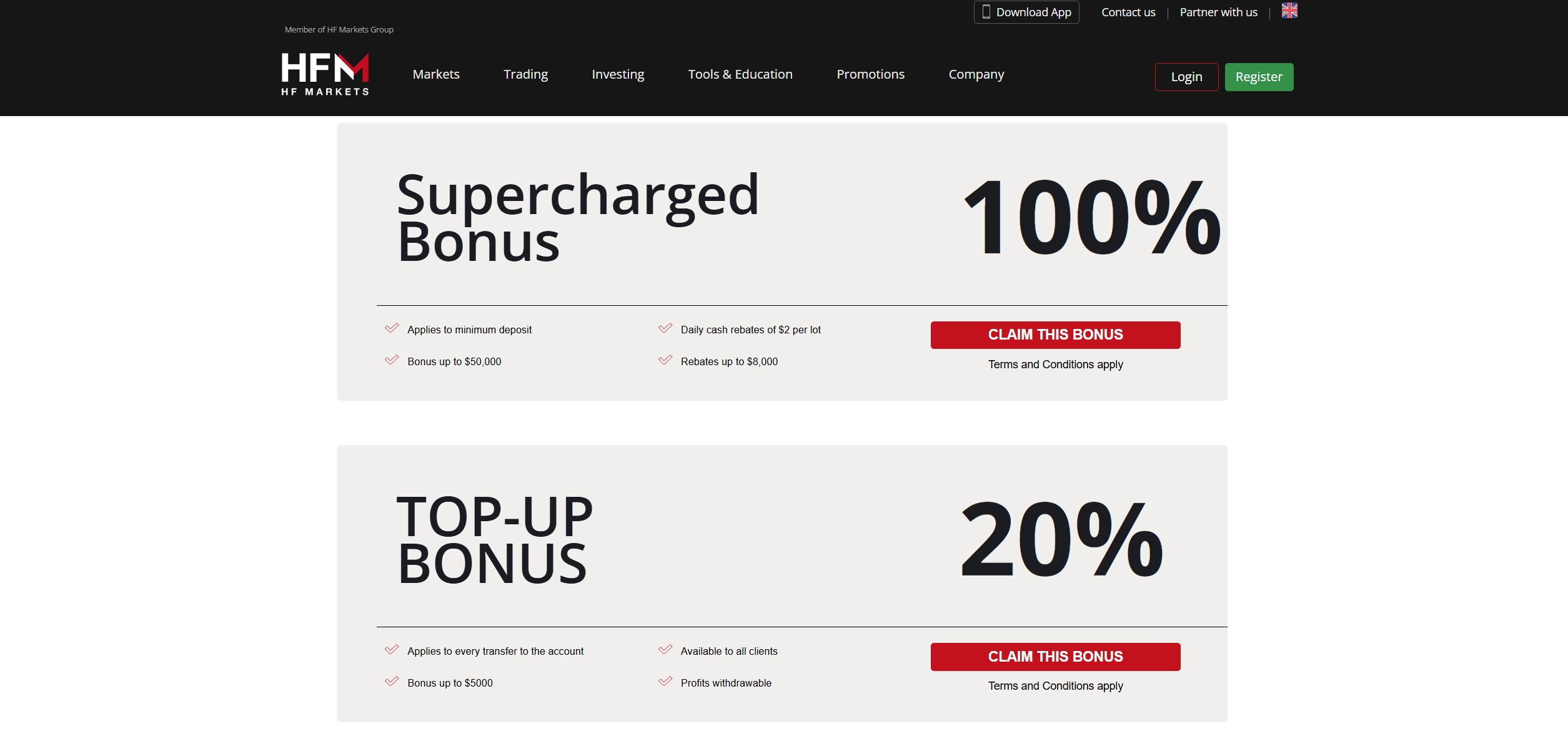 HFM welcome bonus page showing bonus details