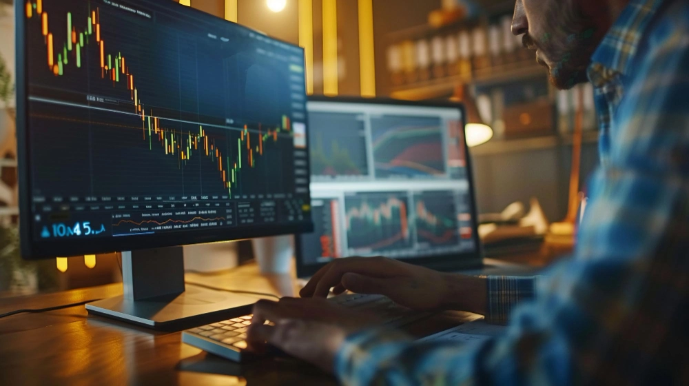 Proffesional trader sitting in an office in front of a computer with trading charts on the screen.