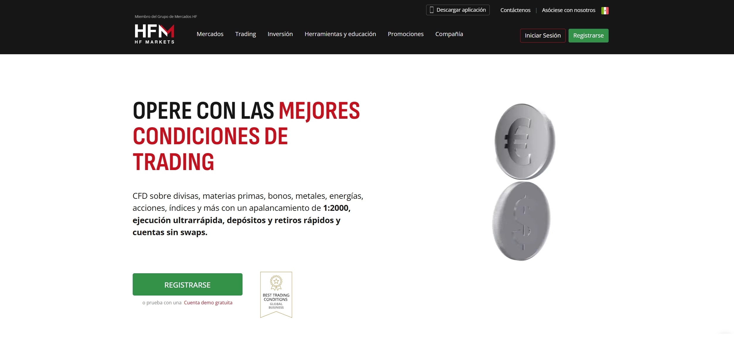 Página de inicio de HFM mostrando las principales ofertas de trading