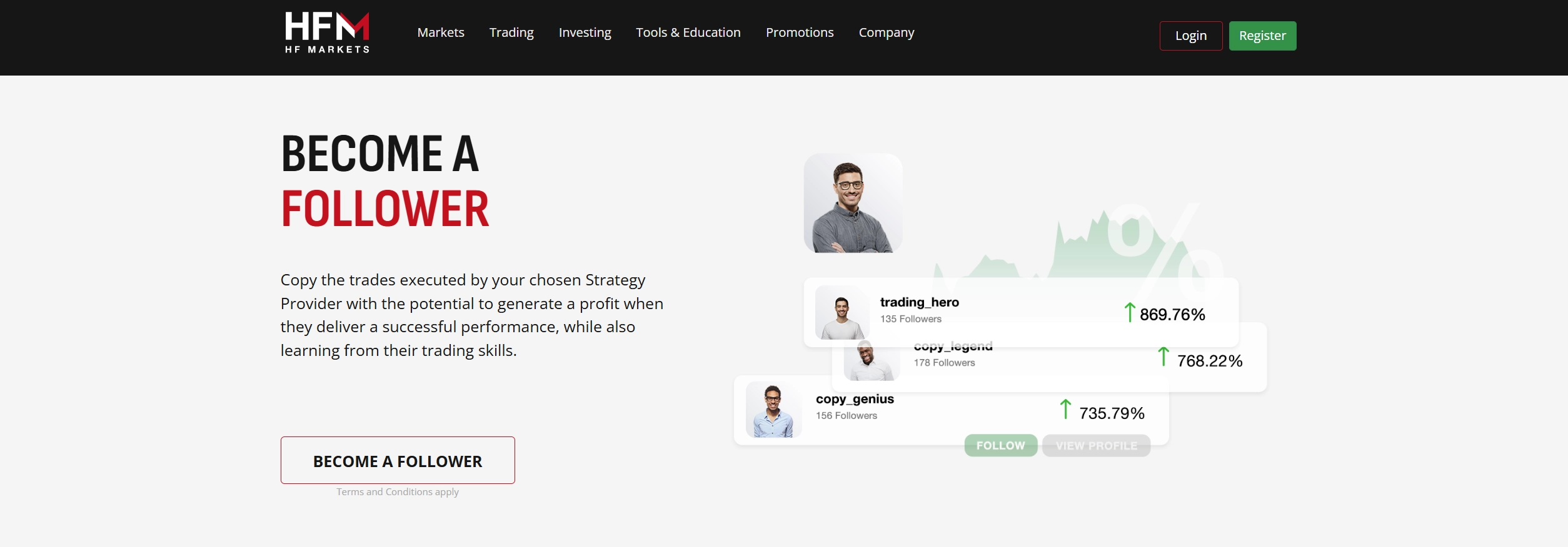 HFM copy trading page showing how to follow and copy other traders