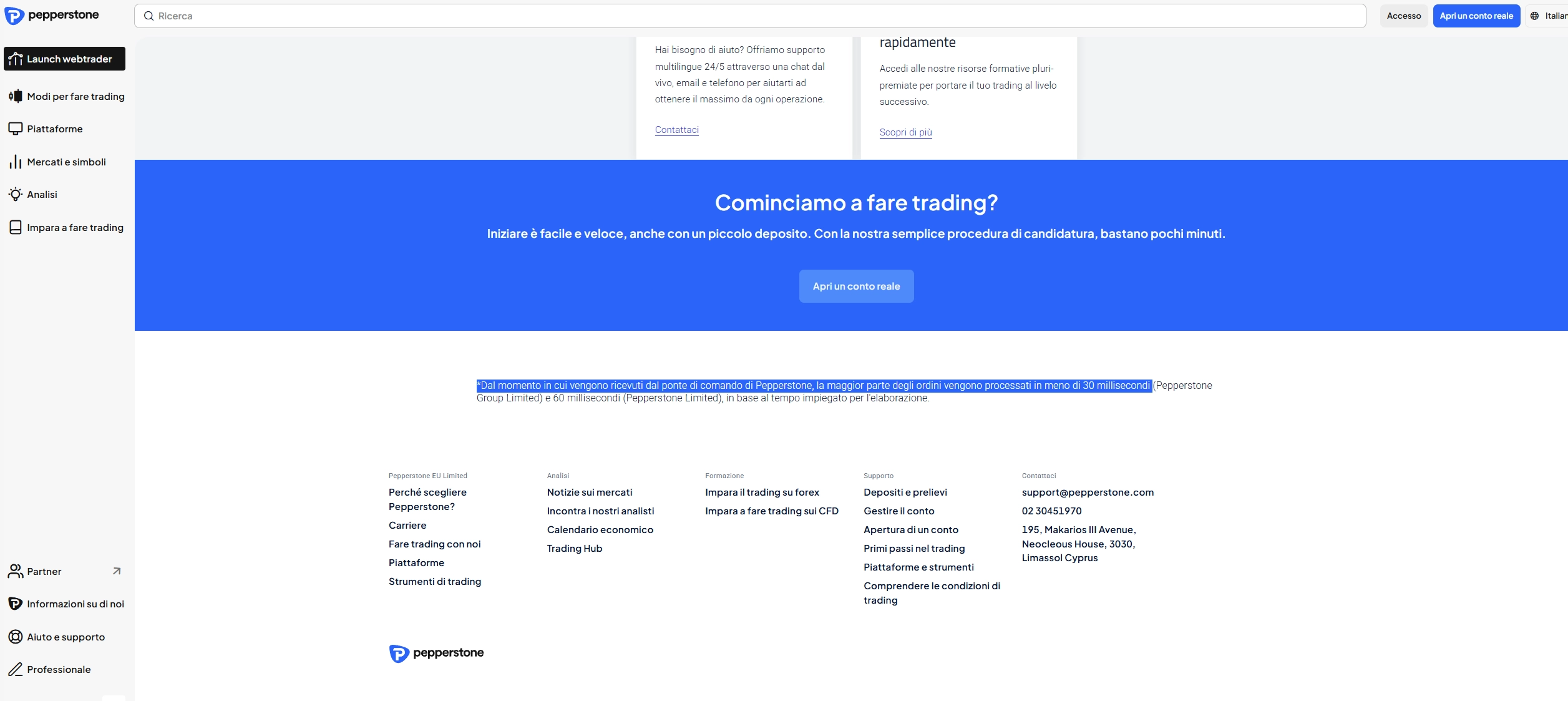 Pagina di esecuzione Pepperstone che mostra velocità di trading e policy di esecuzione