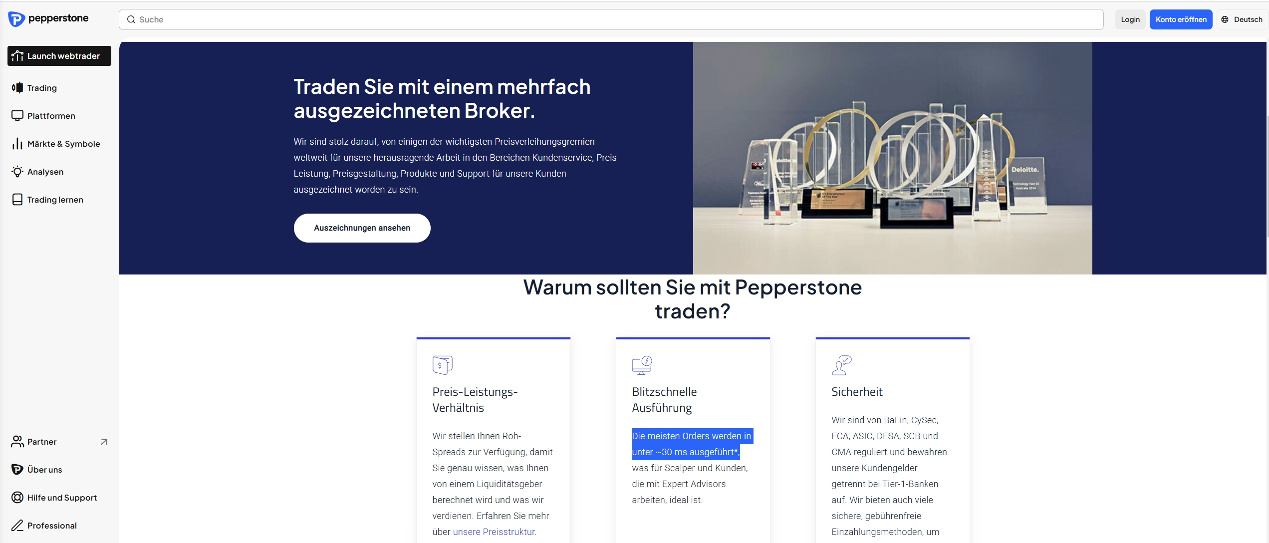 Pepperstone Ausführungsseite, die Handelsgeschwindigkeit und Ausführungsrichtlinien zeigt