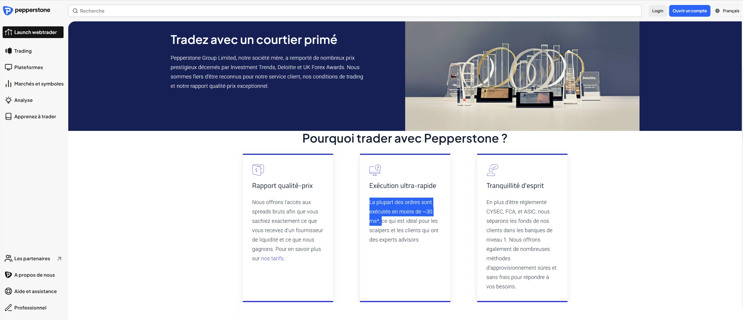 Page d’exécution de Pepperstone montrant la rapidité des transactions et la politique d’exécution
