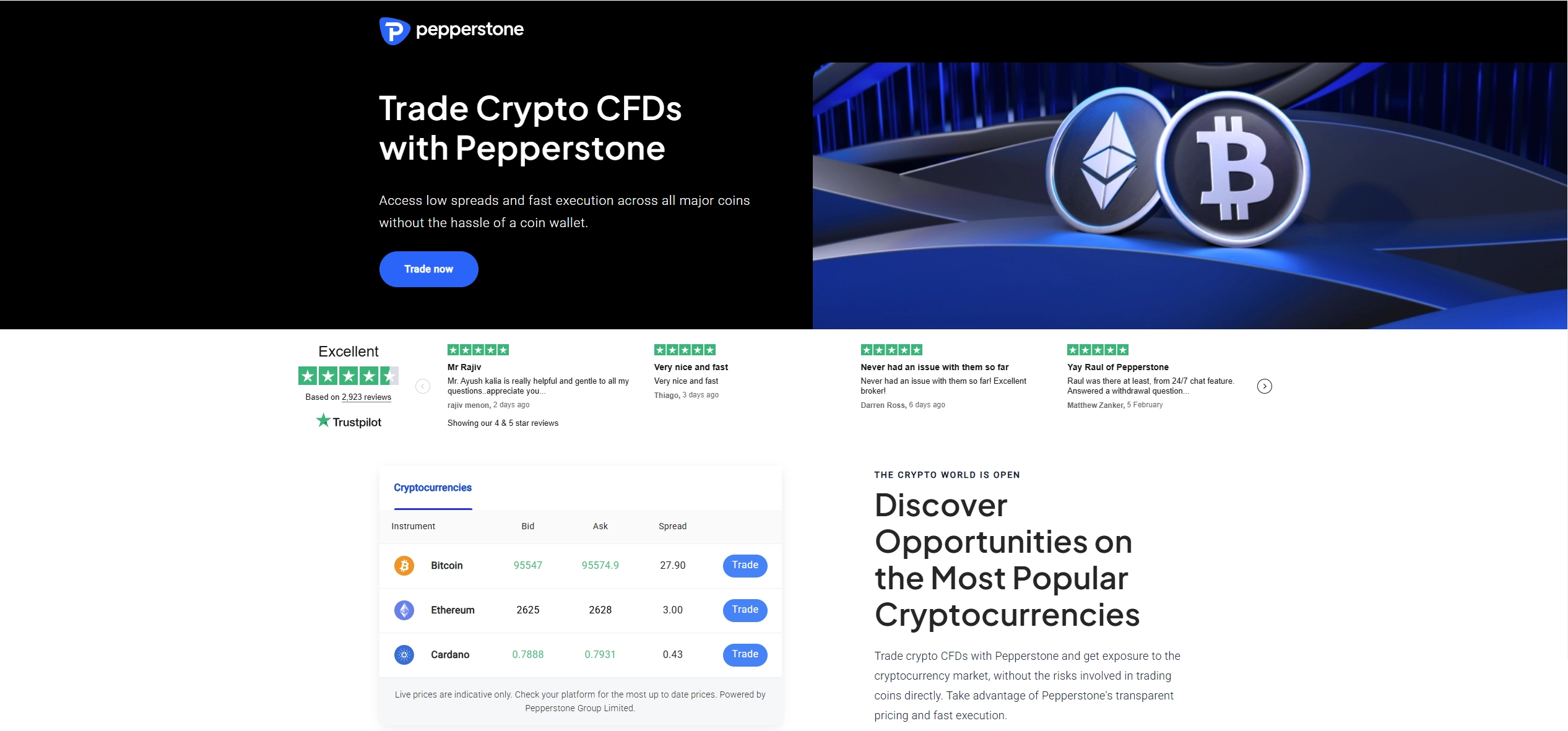 Screenshot of Pepperstone cryptocurrency trading page showing available crypto trading offer
