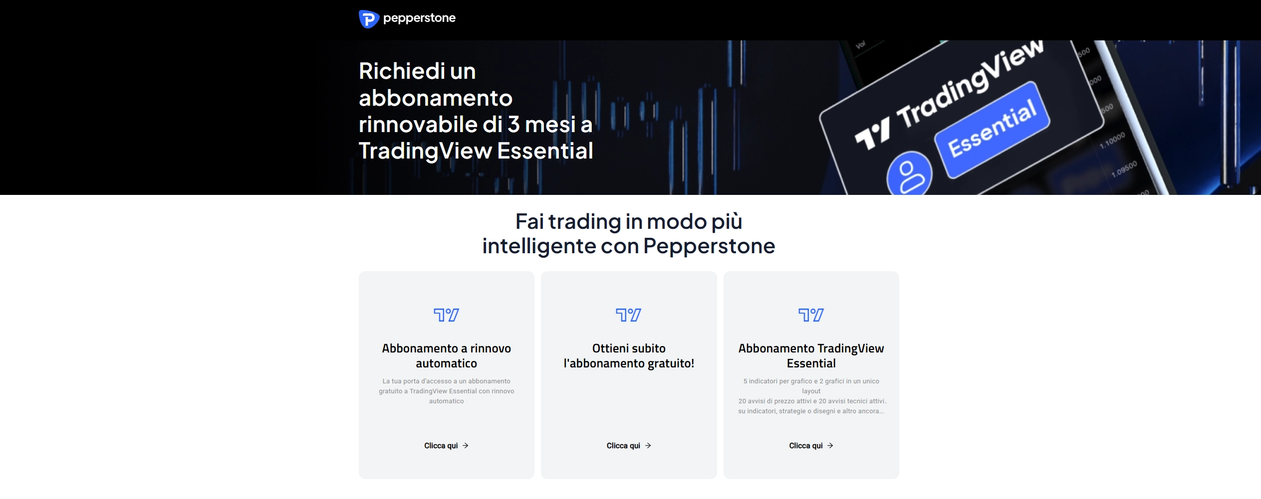 Screenshot che mostra come ottenere un abbonamento TradingView gratuito su Pepperstone e le condizioni di idoneità