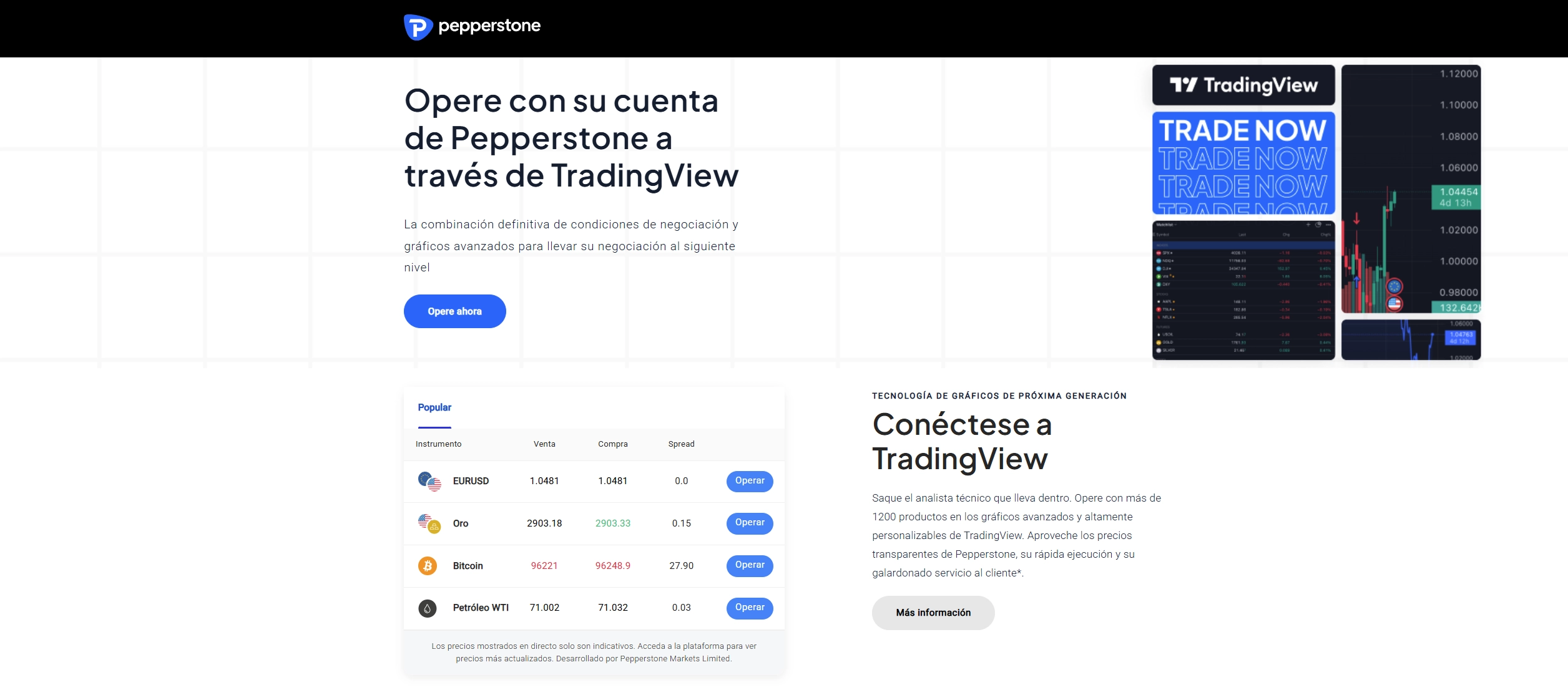 Página de TradingView de Pepperstone mostrando las funciones de trading y ofertas en la plataforma