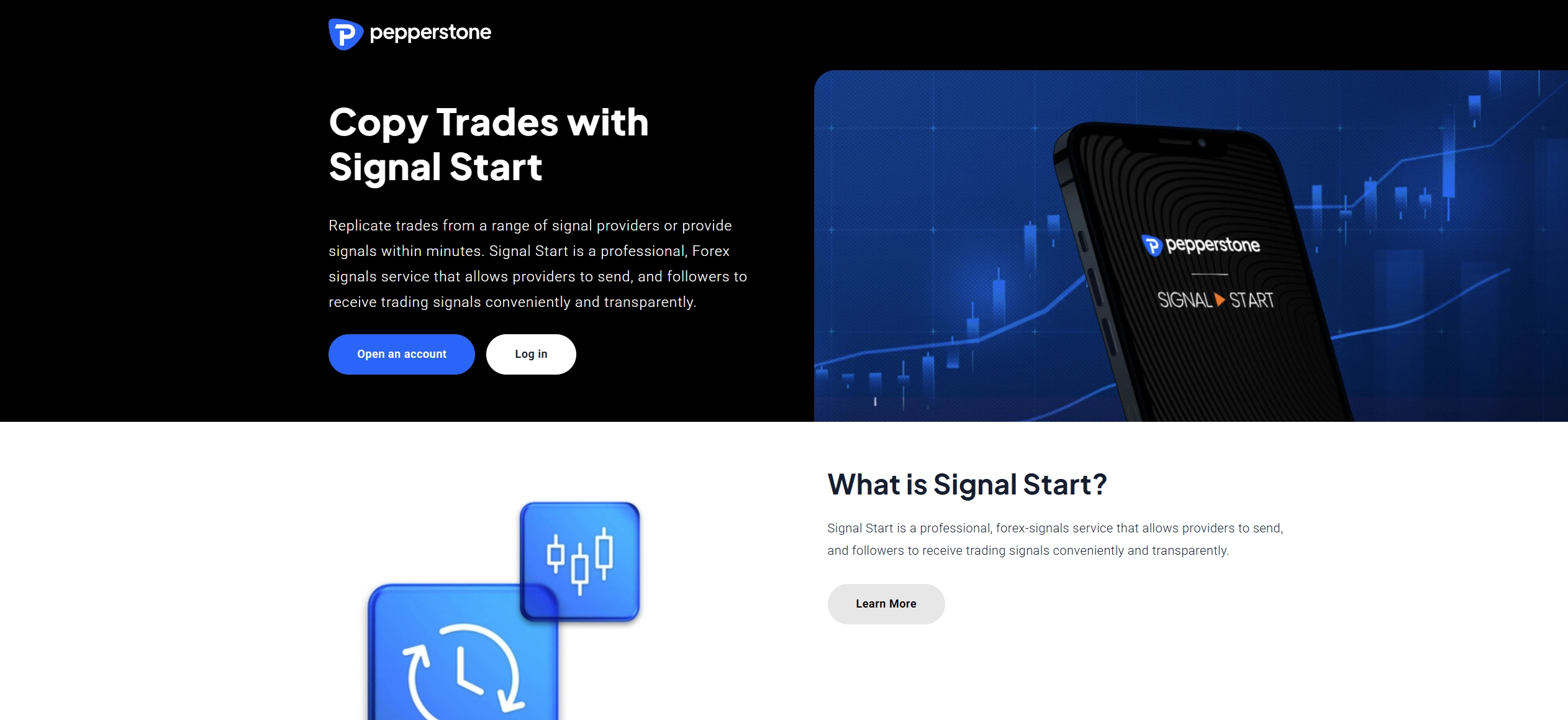 Screenshot of Pepperstone Copy Trading Page and its offer
