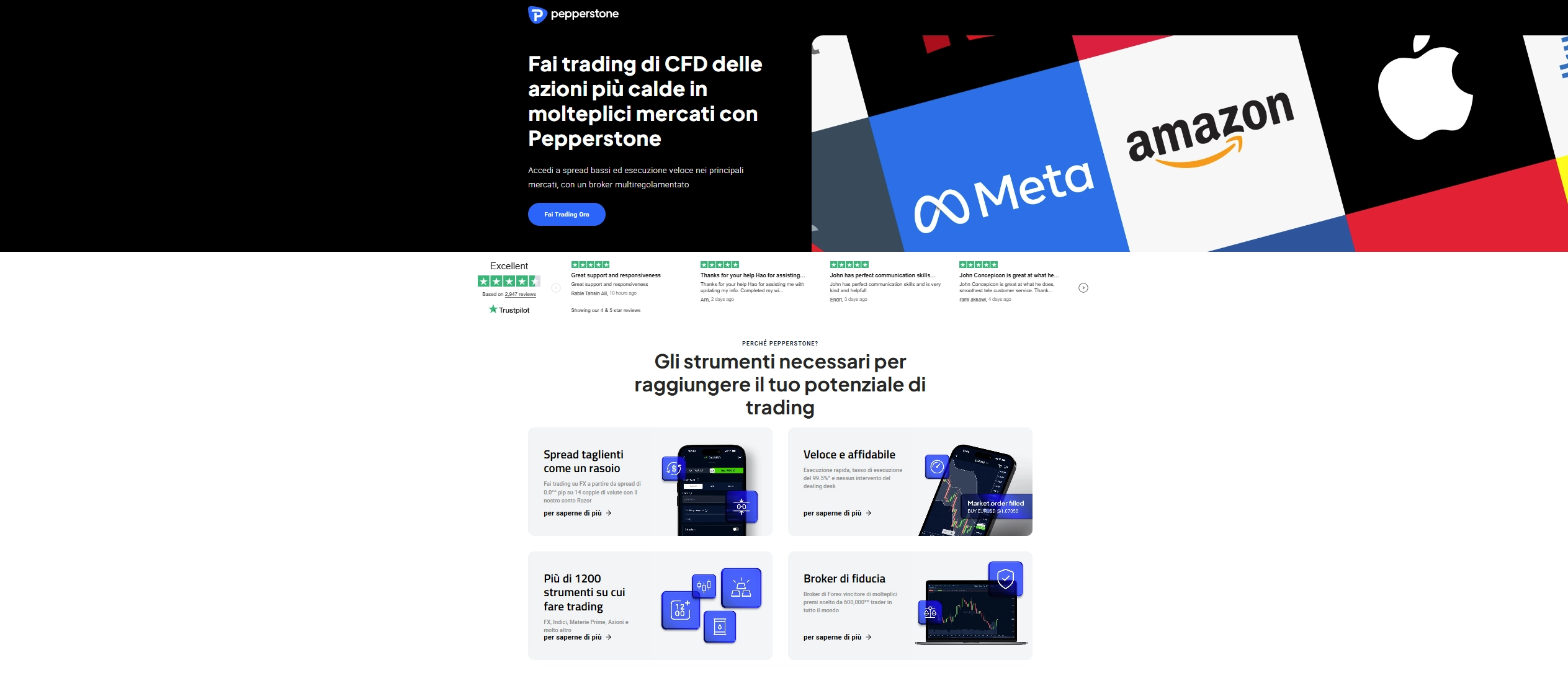Screenshot di Pepperstone che mostra l’offerta di trading di CFD su azioni