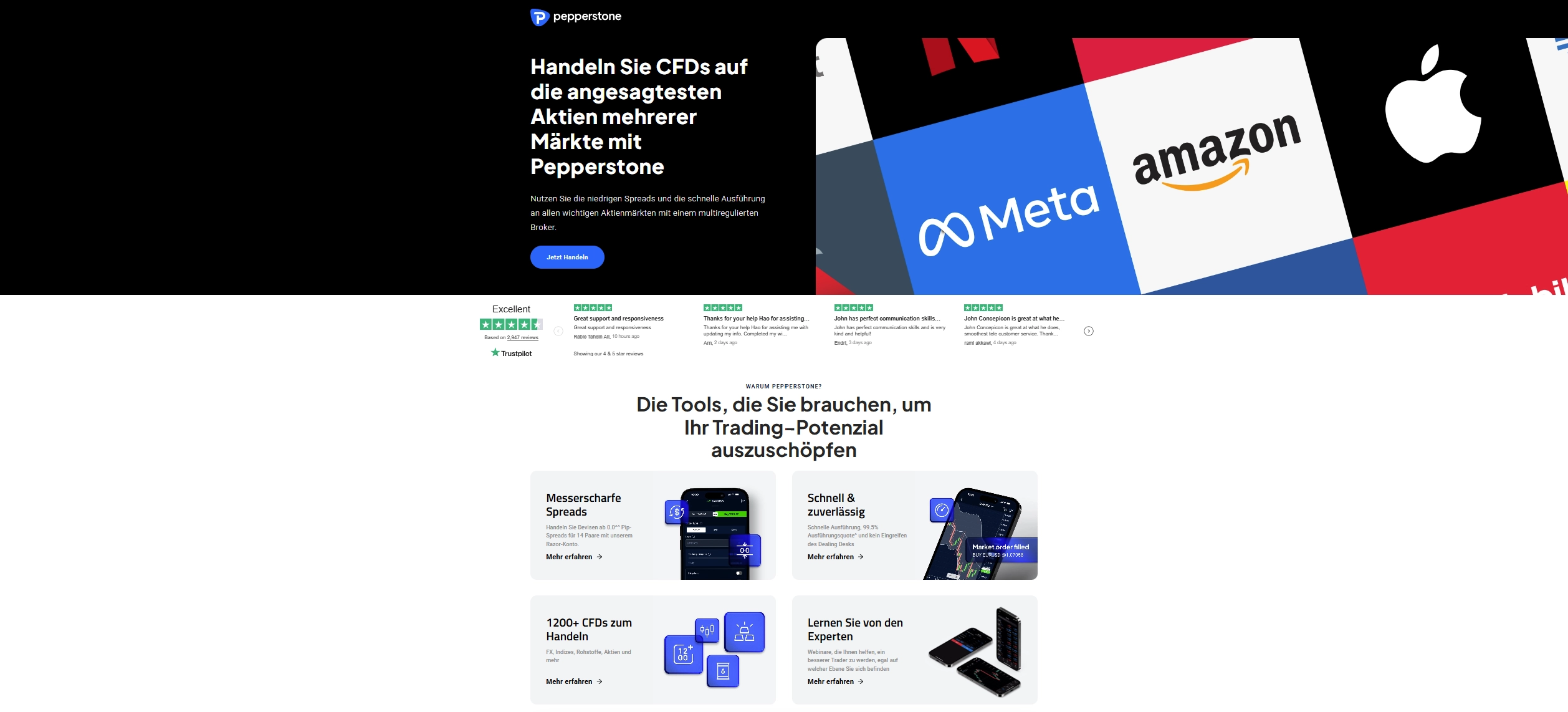 Screenshot von Pepperstone, der das Angebot für Aktien-CFD-Handel zeigt