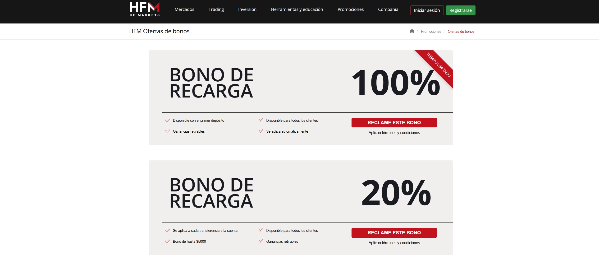 Página de bono de bienvenida de HFM mostrando los detalles del bono